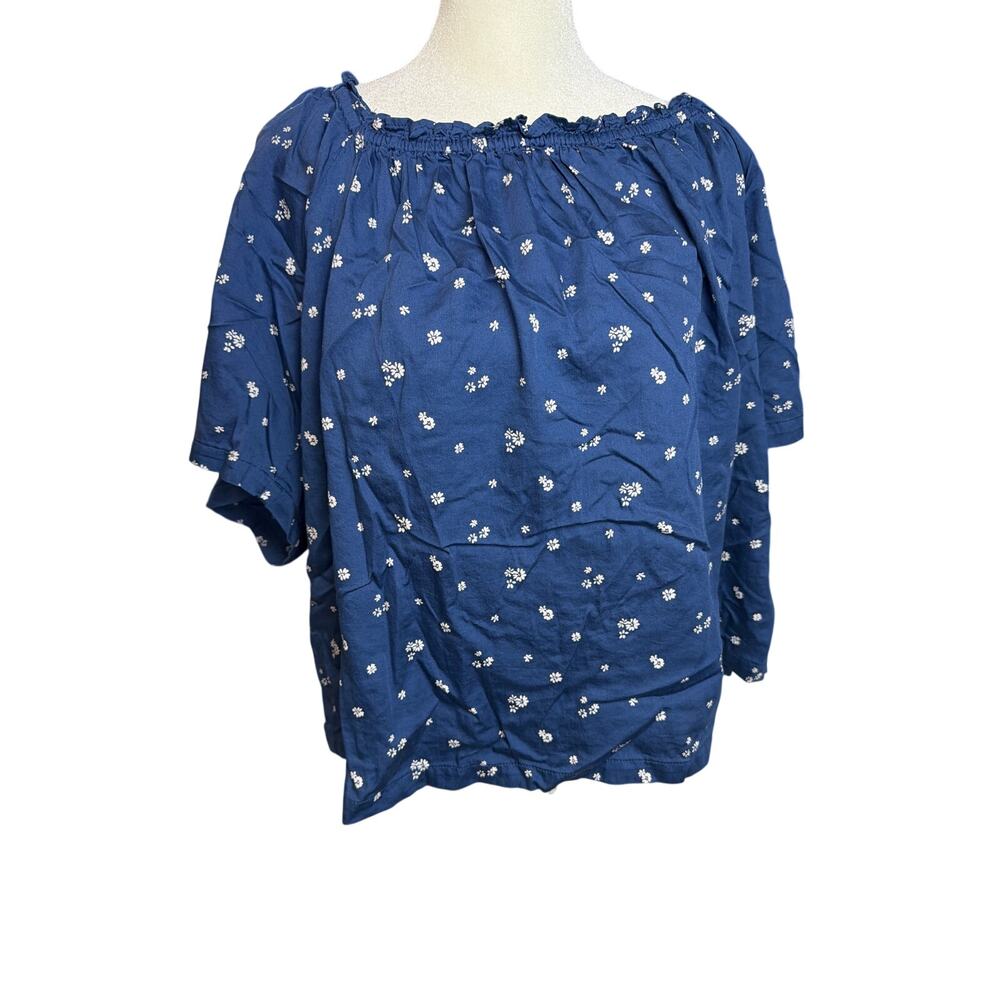 Gap Womens XL Navy Blue White Floral Cotton Off The Shoulder Ruffle Blouse Top‎